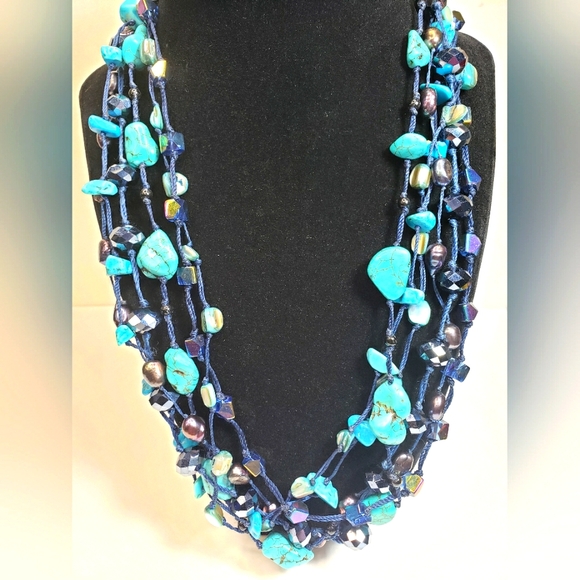 Park Lane Blue Turquoise and Fresh Water Pearl Multi-Strand Necklace - Picture 3 of 9